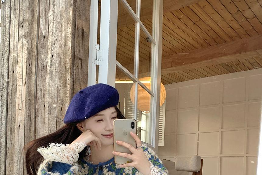 Round Neck Floral Button Cardigan / Long-Sleeve Plain Lace Blouse / Mid Rise Patterned Wide Leg Pants Product Image