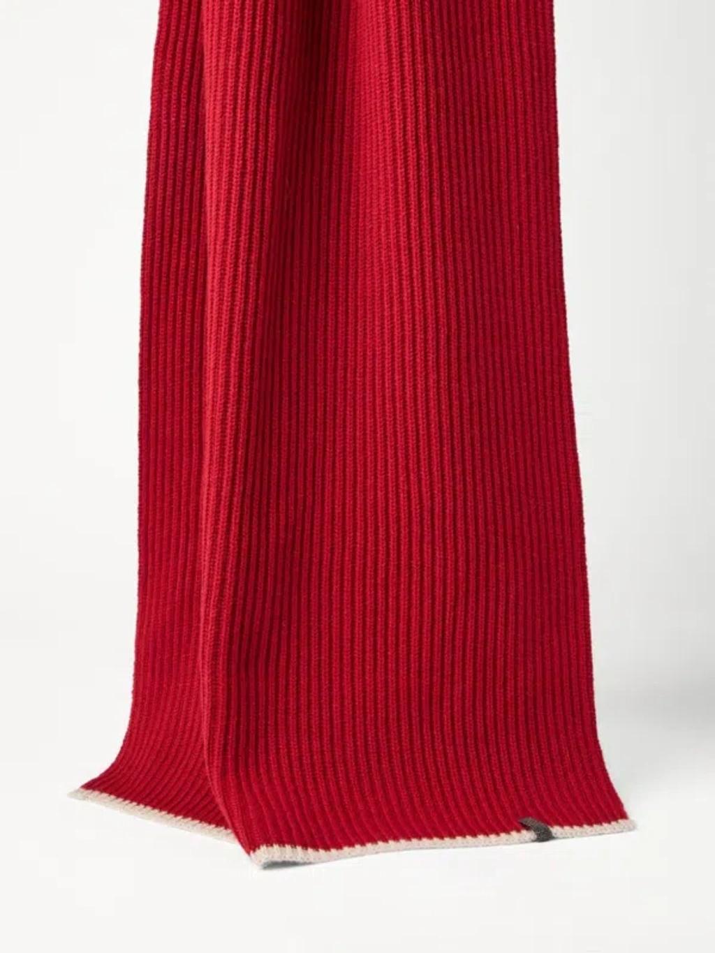 BRUNELLO CUCINELLI Cashmere English Rib Knit Scarf With Monili In Red Product Image