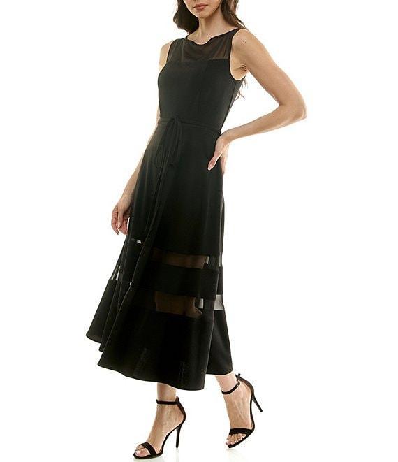 Moda Tara Stretch Crepe Illusion Chiffon Fit And Flare Sleeveless Midi Dress Product Image