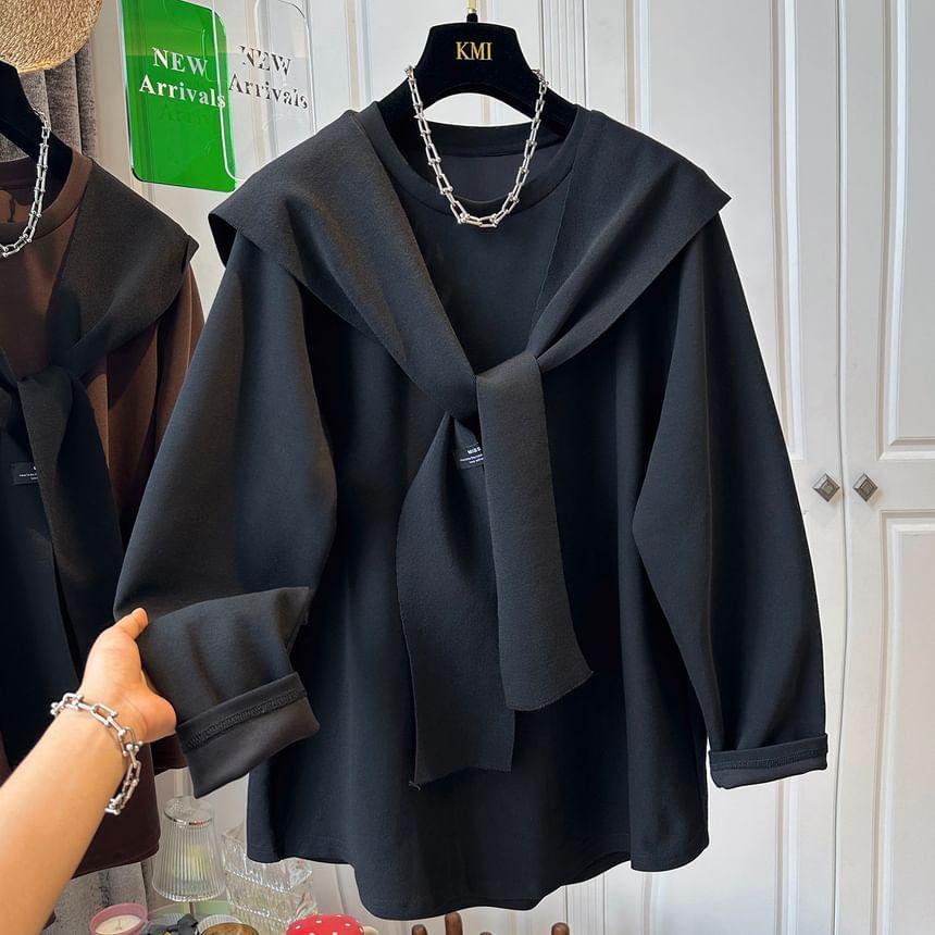 Long-Sleeve Round Neck Plain Mock Two-Piece Tee Product Image