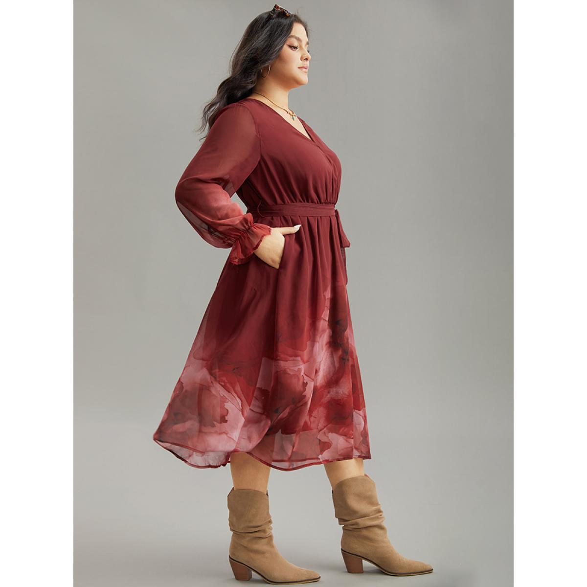 Plus Size Floral Mesh V Neck Belted Dress Scarlet Women Vacation Wrap Overlap Collar Long Sleeve Curvy Midi Dress BloomChic 26/4X Product Image