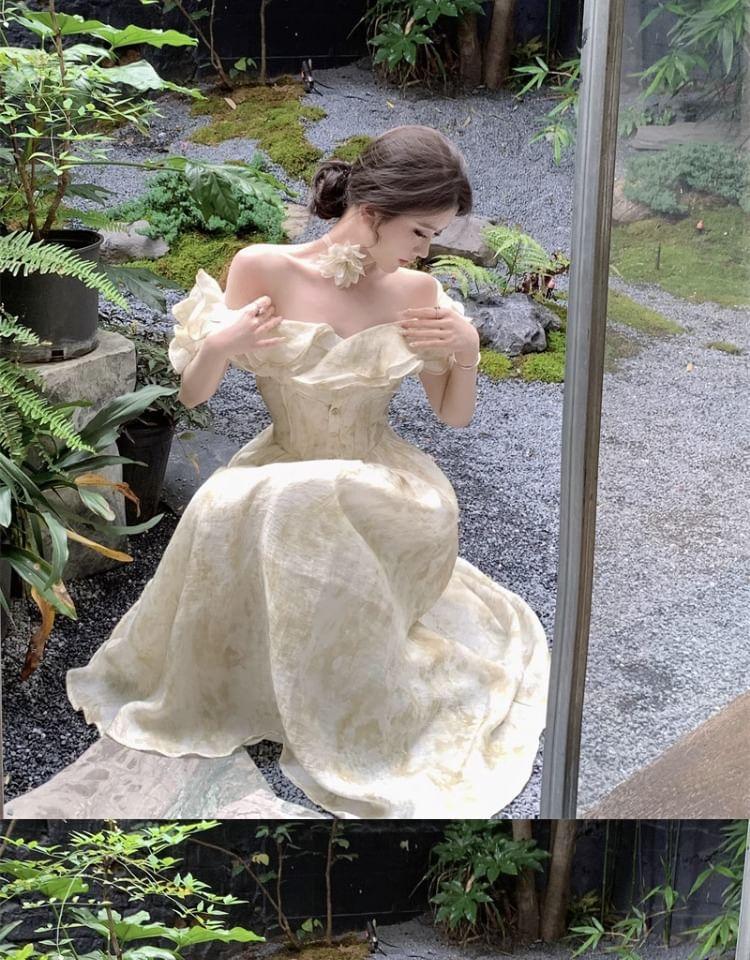 Off-Shoulder Ruffle Trim Half-Button Midi A-Line Dress Product Image