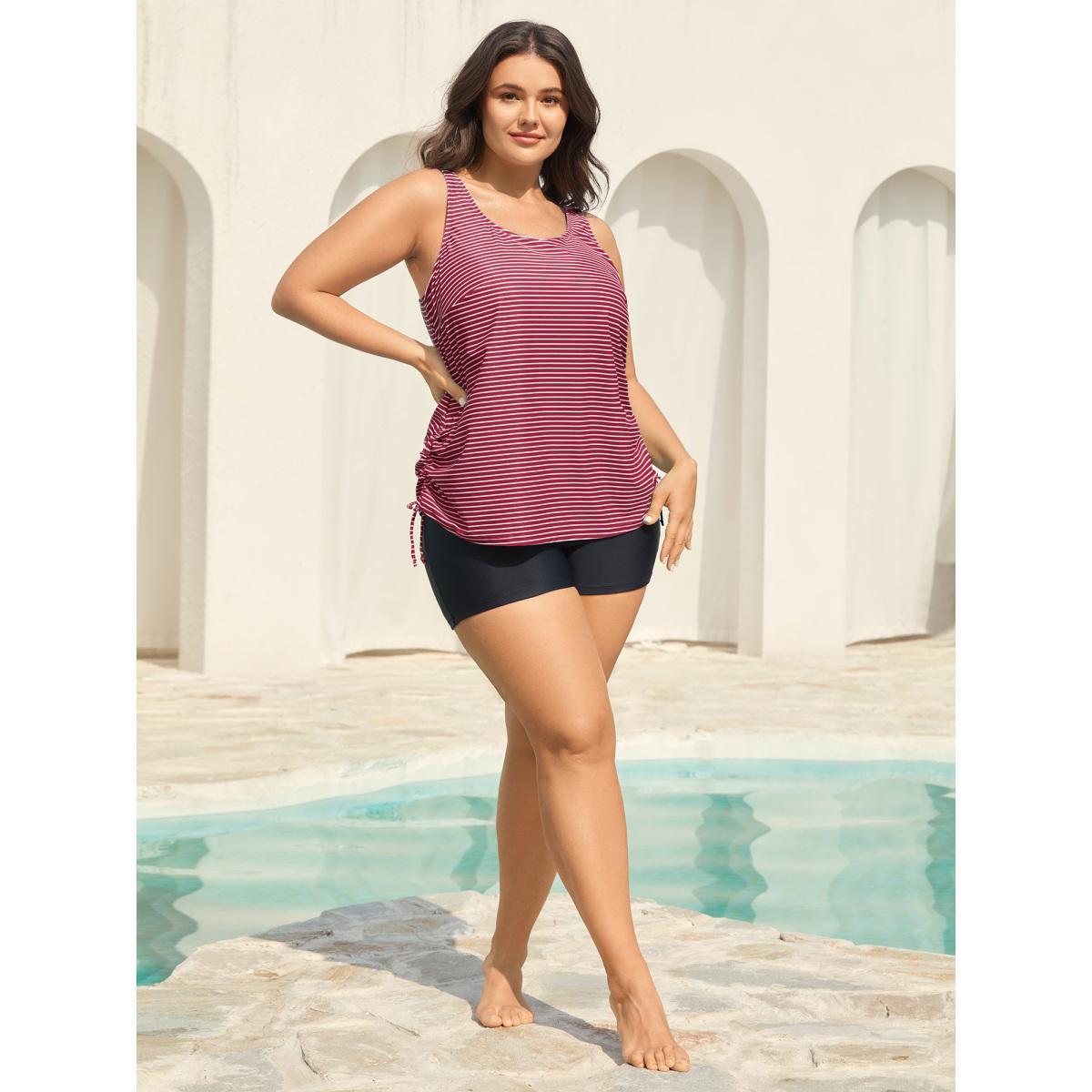 Plus Size Striped Non-Removable Cups Swim Top Women's Swimwear Burgundy Beach Drawstring High stretch Bodycon U-neck Curve Swim Tops BloomChic 10/M Product Image