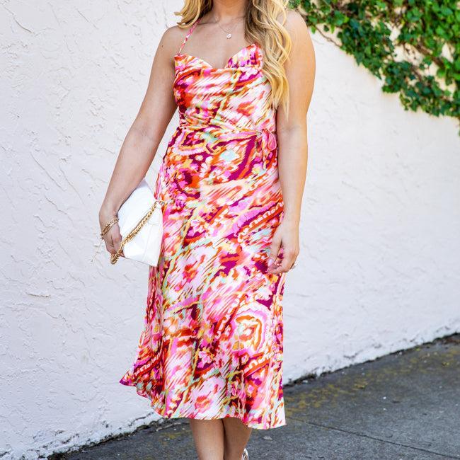 In Full Bloom Abstract Print Cowl Neck Satin Floral Midi Dress   FINAL SALE Product Image