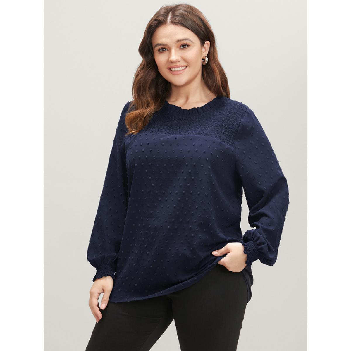 Plus Size Navy Polka Dot Frill Trim Shirred Keyhole Blouse Women Elegant Long Sleeve Round Neck Dailywear Blouses BloomChic 30/6X Product Image