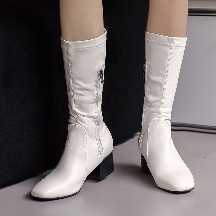 Block Heel Faux Leather Mid Calf Boots Product Image