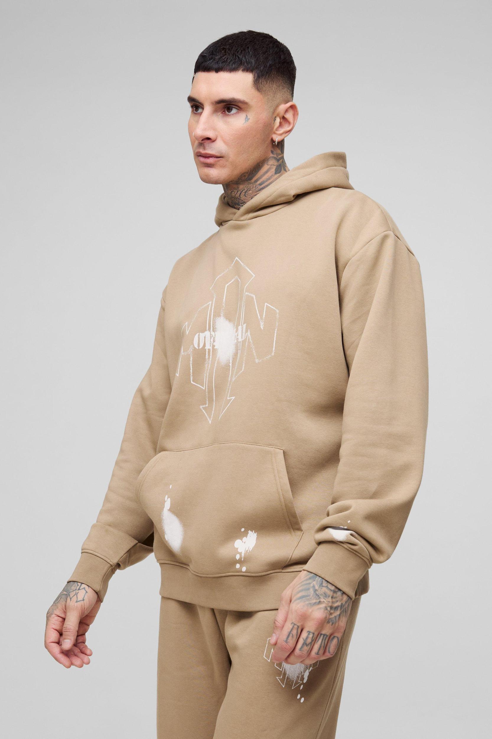 Tall Oversized Man Paint Splatter Hooded Relaxed Flare Tracksuit | boohooMAN USA Product Image