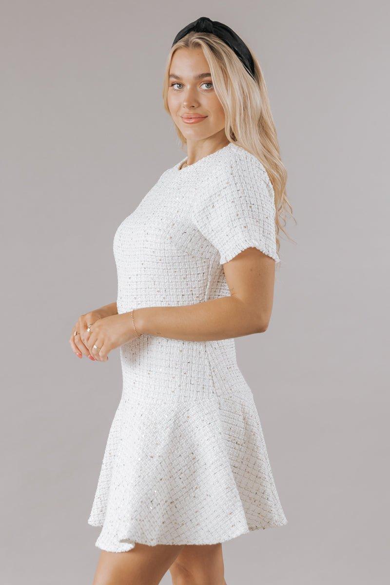 Cream Sequin Tweed Mini Dress - FINAL SALE Product Image