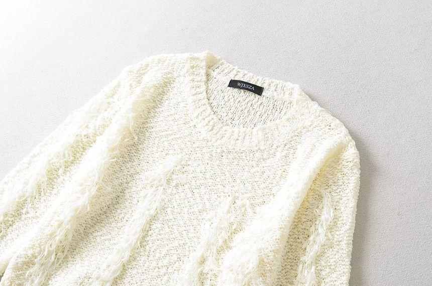 Crew Neck Plain Distressed Crop Sweater Product Image
