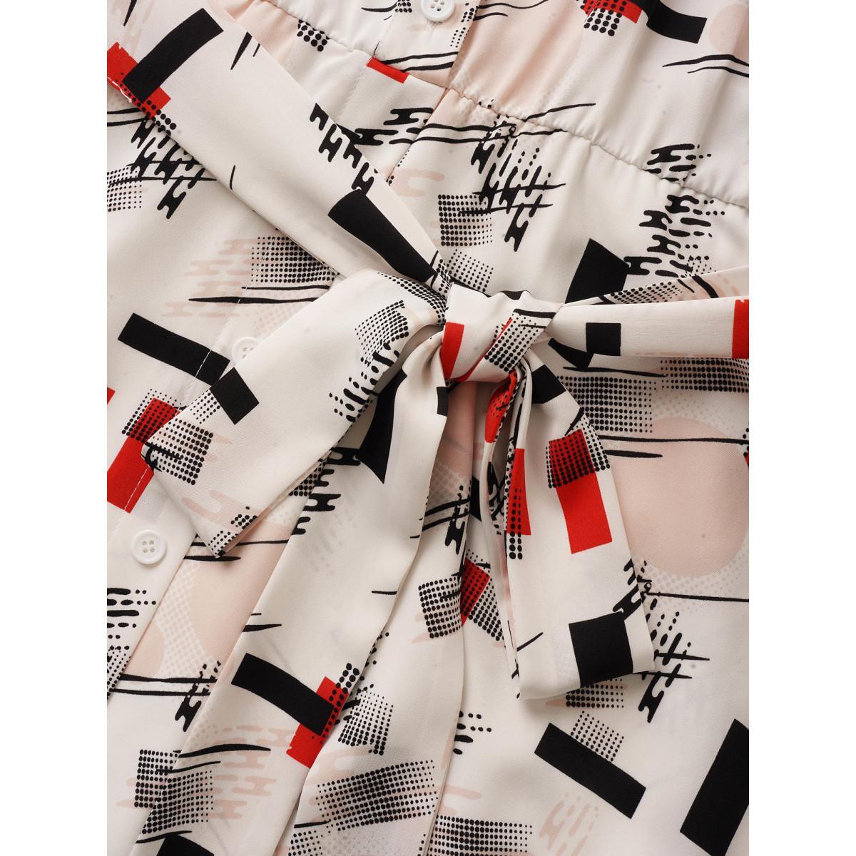 Plus Size Geometric Flat Collar With V Notch Batwing Sleeve Dress Multicolor Women At the Office Belted Flat collar with V-notch Short sleeve Curvy Midi Dress BloomChic 14-16/1X Product Image