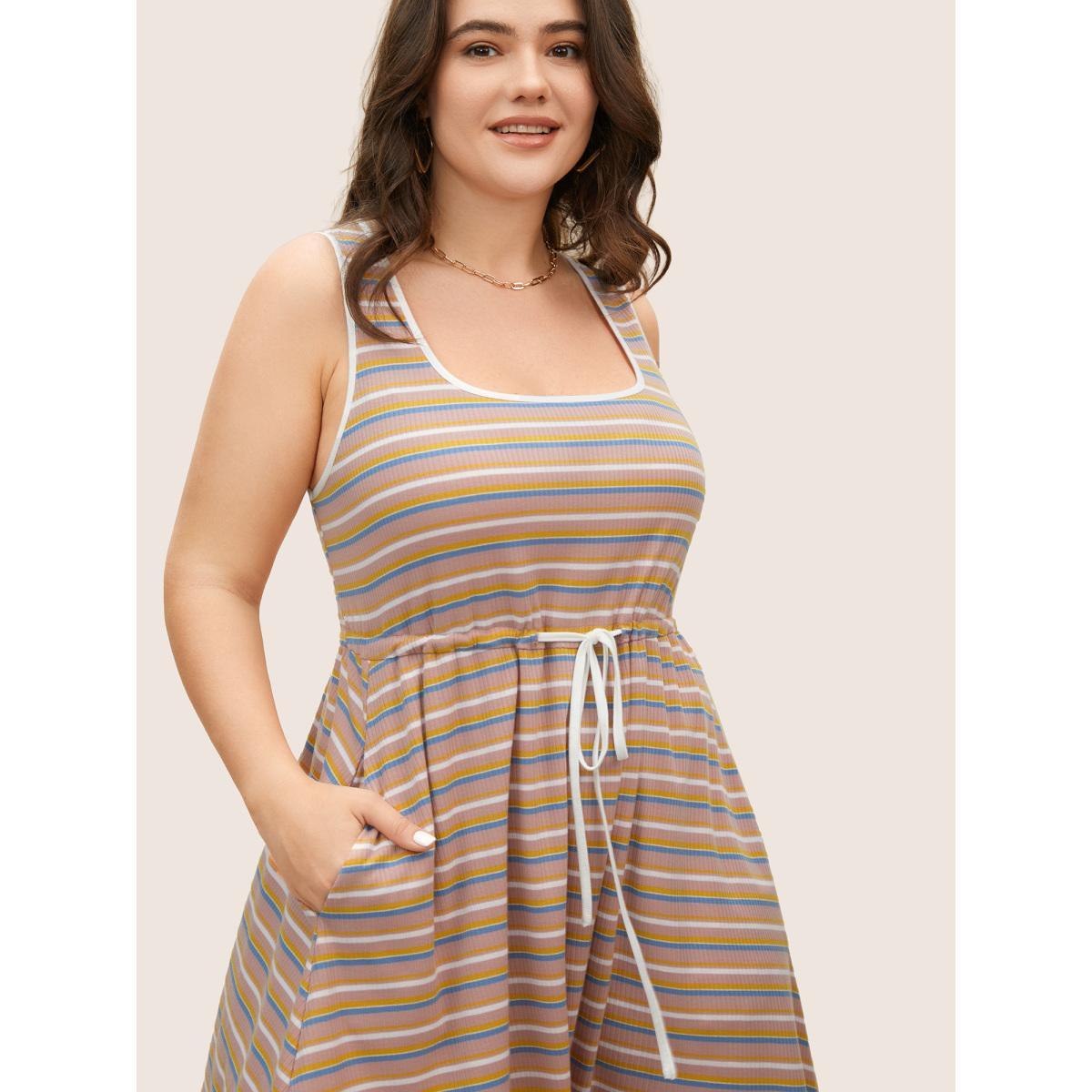 Plus Size Square Neck Colored Striped Drawstring Tank Dress Dirtypink Women Casual Drawstring Square Neck Sleeveless Curvy BloomChic 30/6X Product Image
