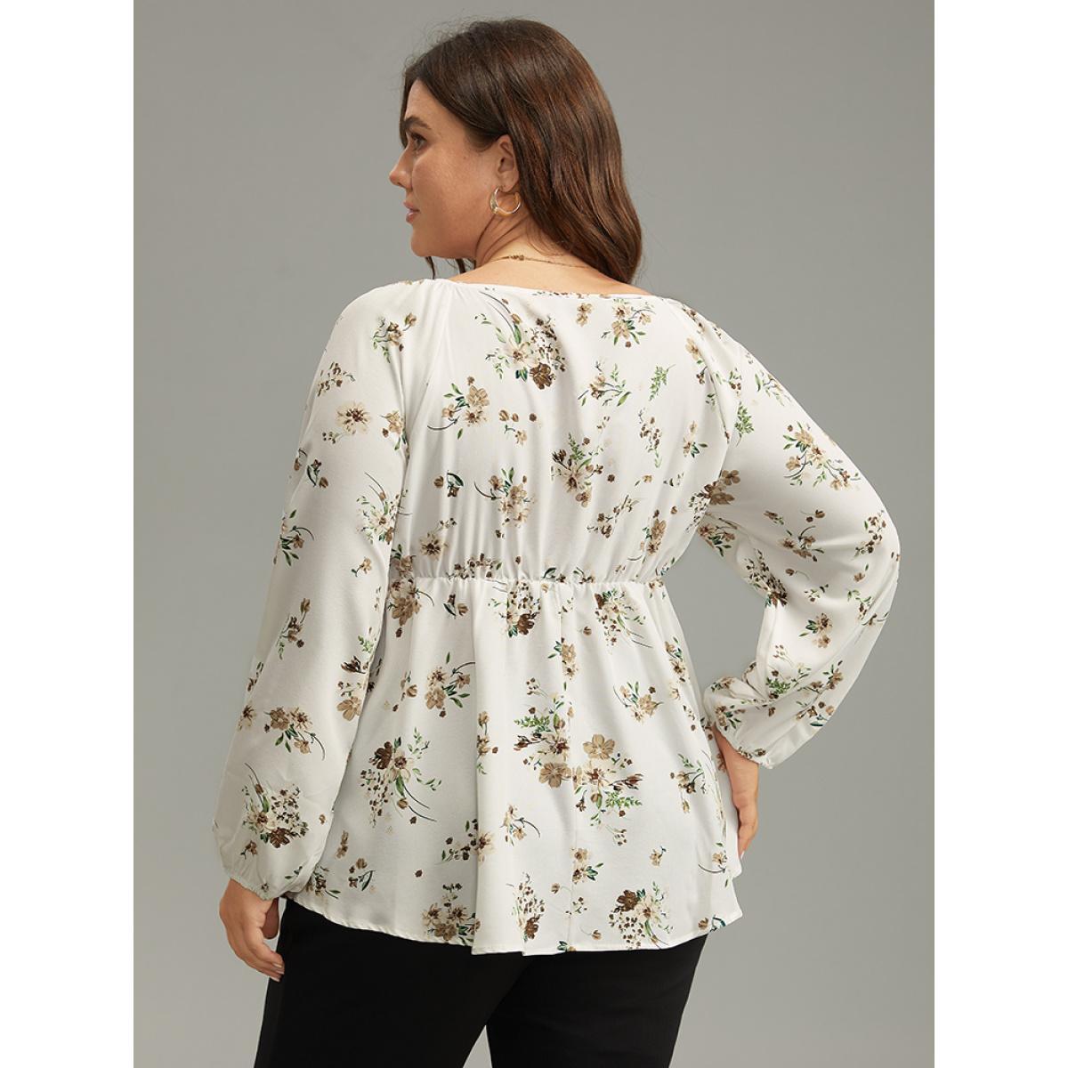 Plus Size Ivory Floral Print Buckle Detail Gathered Bell Sleeve Blouse Women Elegant Long Sleeve V-neck Dailywear Blouses BloomChic 30/6X Product Image