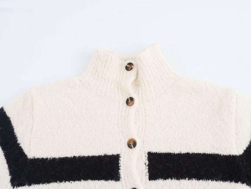 Stand Collar Striped Button-Up Cardigan Product Image