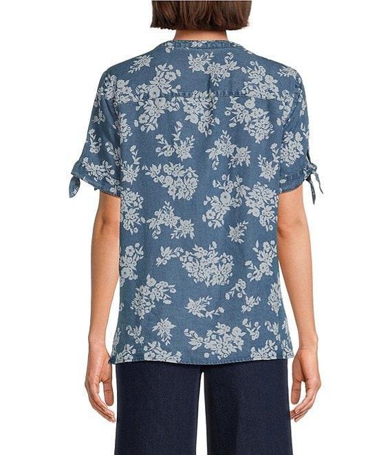 Allison Daley Blooming Flowers Print Short Tie Sleeve Y-Neck Button-Front Pintuck Blouse Product Image
