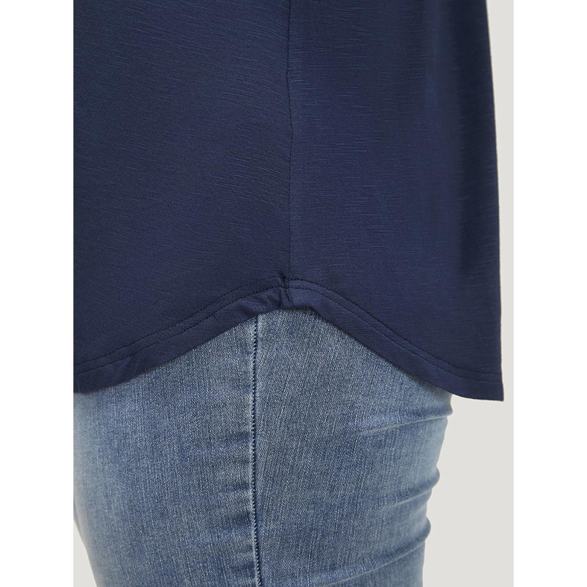 Plus Size Ditsy Floral Patchwork Lace Up Notched T-shirt Indigo Women Elegant Cross straps Ditsy Floral Notched collar Dailywear T-shirts BloomChic 10/M Product Image