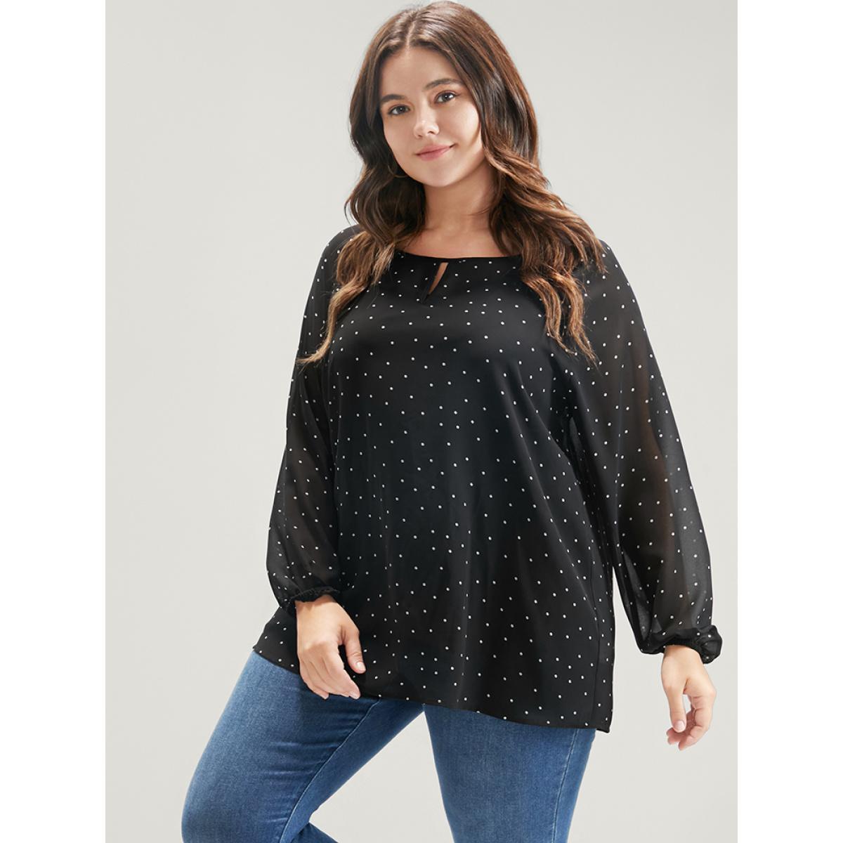 Plus Size Black Polka Dot Mesh Lantern Sleeve Keyhole Round Neck Blouse Women Elegant Long Sleeve Round Neck Dailywear Blouses BloomChic 26/4X Product Image