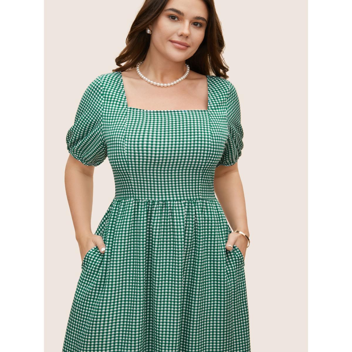 Plus Size Square Neck Gingham Elastic Waist Midi Dress Emerald Women Elegant Gathered Square Neck Half Sleeve Curvy BloomChic 26/4X Product Image
