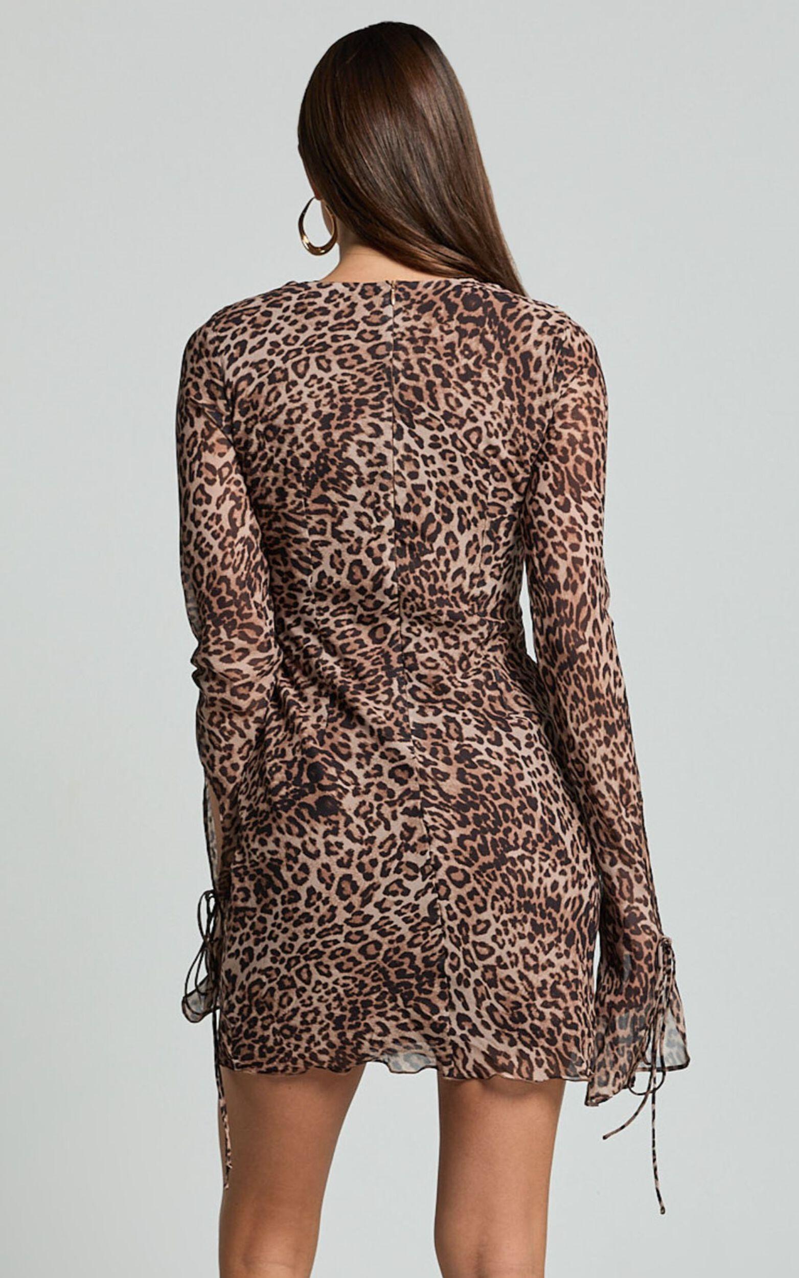 Alesya Mini Dress - Ruffle Plunge Neck Long Sleeve Tie Detail Dress in Tonal Leopard Product Image