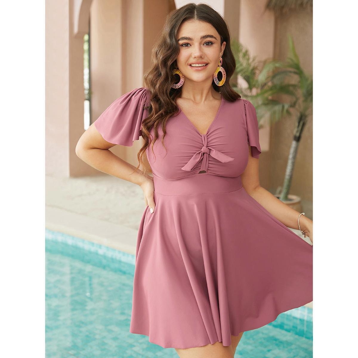 Plus Size Ruffle Sleeve Knotted Front Ruched Swim Dress Women's Swimwear Pink Vacation Bodycon V-neck High stretch Curve Swim Dresses BloomChic 18-20/2X Product Image