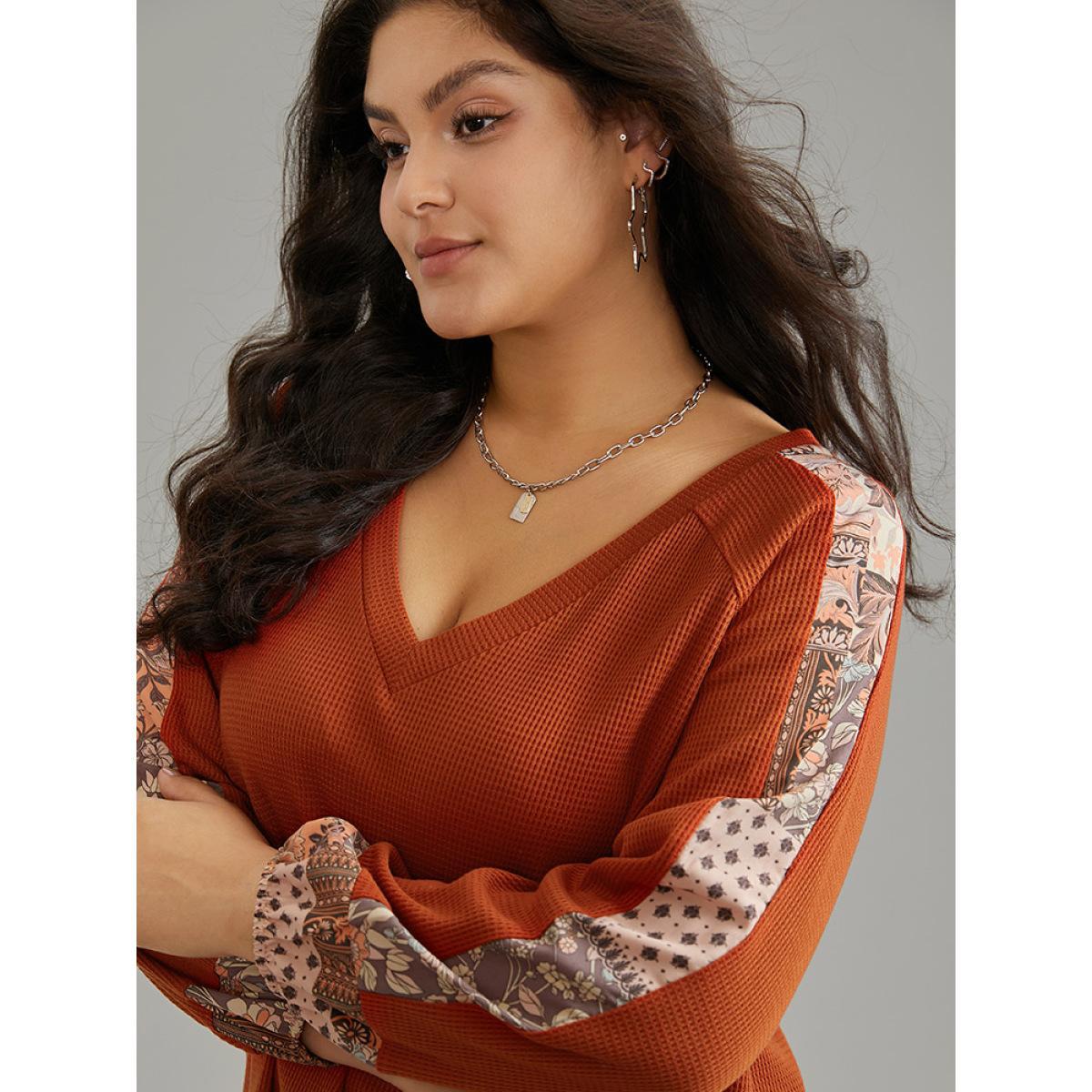 Plus Size Waffle Knit Boho Print Patchwork Raglan Sleeve T-shirt OrangeRed Women Elegant Bohemian Print V-neck Dailywear T-shirts BloomChic 14-16/1X Product Image