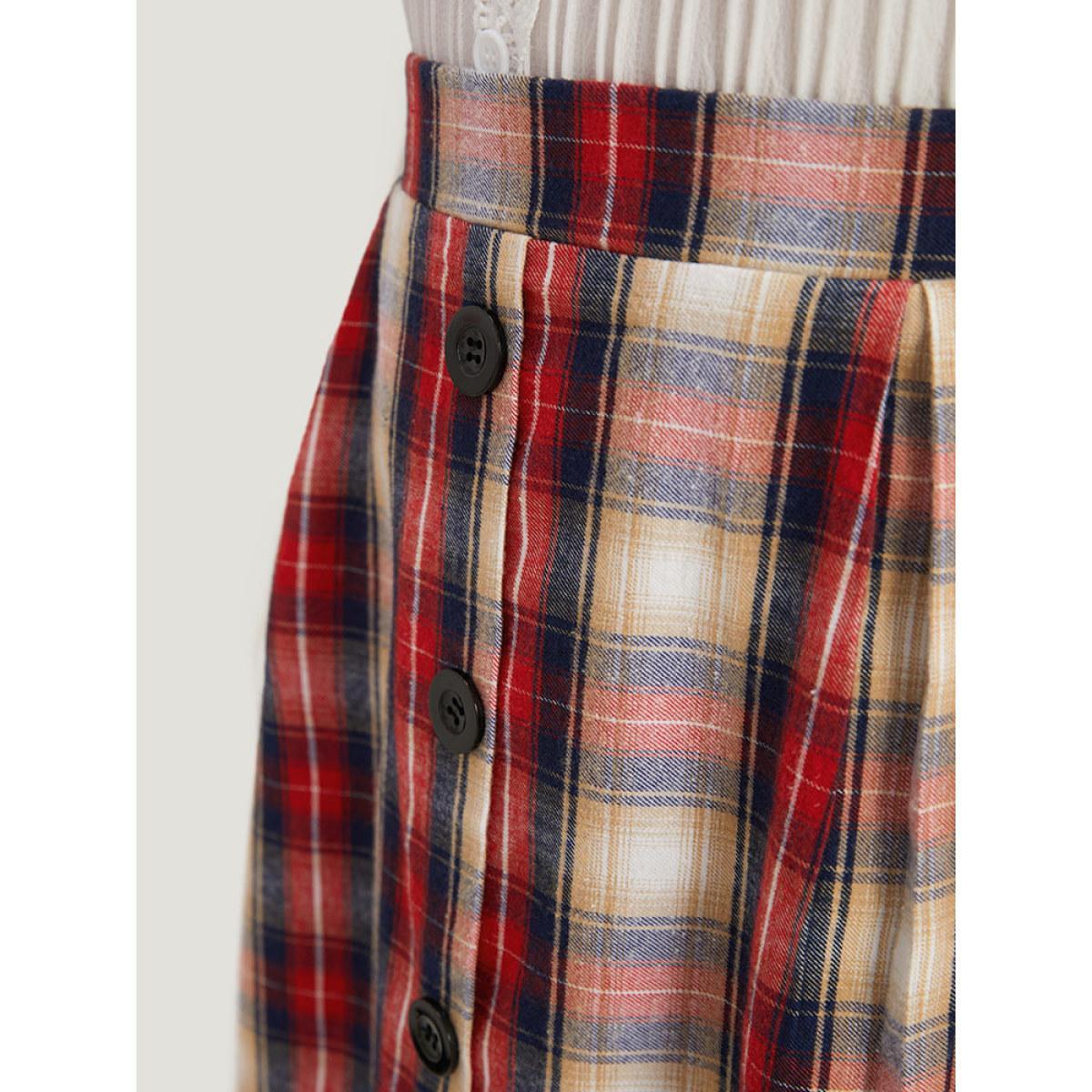 Plus Size Plaid Wideband Waist Pleated Button Detail Skirt Women Raspberry Office Button Loose No stretch Pocket Work Skirts BloomChic 18-20/2X Product Image