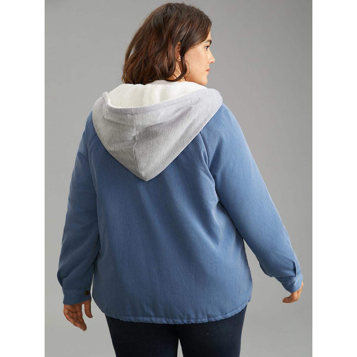 Plus Size Denim Hooded Drawstring Fuzzy Patchwork Jacket Women Blue Lined Pocket Dailywear Jackets BloomChic 26/4X Product Image