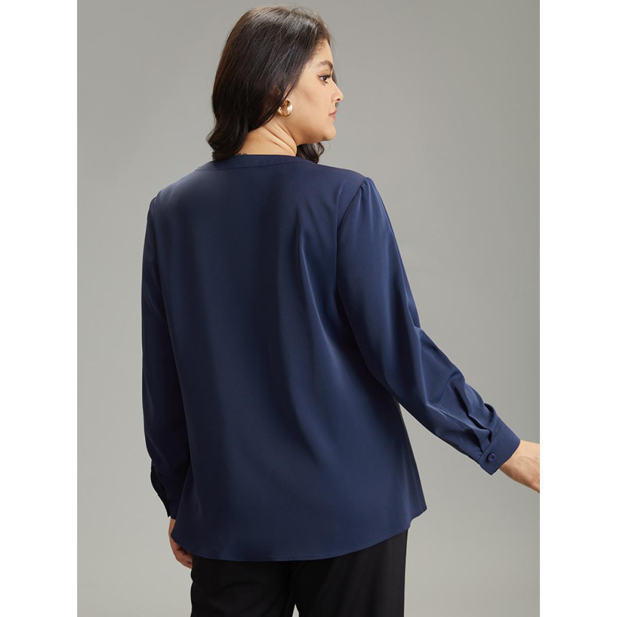 Plus Size Indigo Static-Free Solid Gathered Tab Sleeve Blouse Women Office Long Sleeve V-neck Work Blouses BloomChic 22-24/3X Product Image