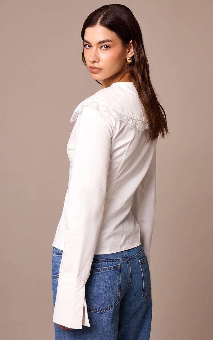  White Cotton Lace Trim Long Sleeve Shirt Product Image