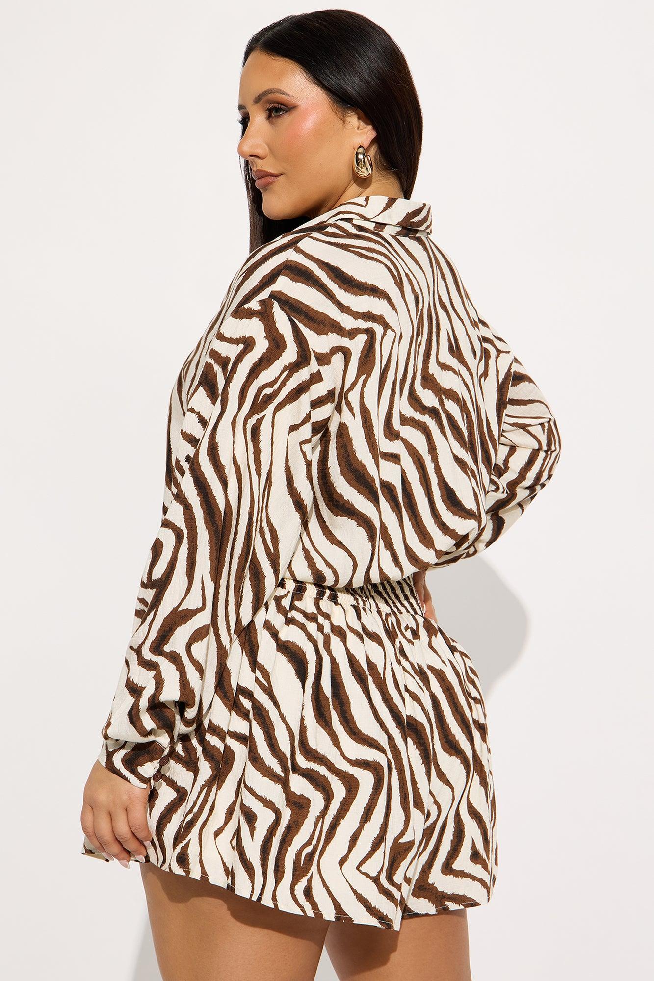 Rania Long Sleeve Button Up Romper - Brown/combo Product Image