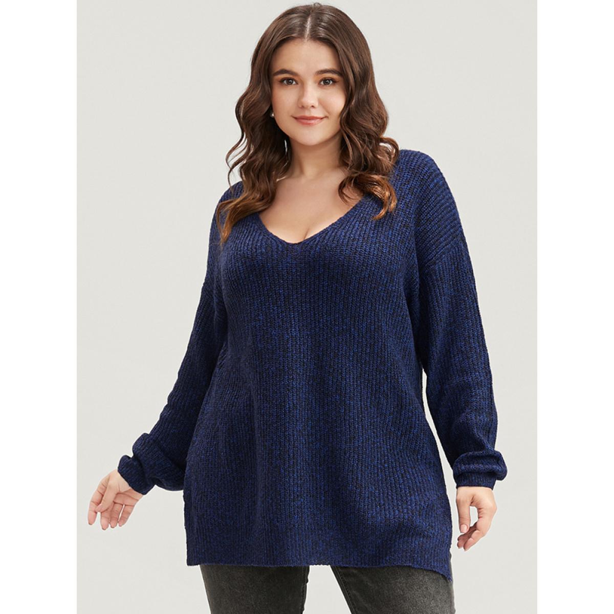 Plus Size Solid Pointelle Knit V Neck Split Hem Heather Knit Top DarkBlue Women Casual Loose Long Sleeve V-neck Dailywear Pullovers BloomChic 22-24/3X Product Image