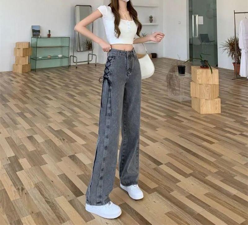 High Waist Lace-Up Wide Leg Jeans Product Image