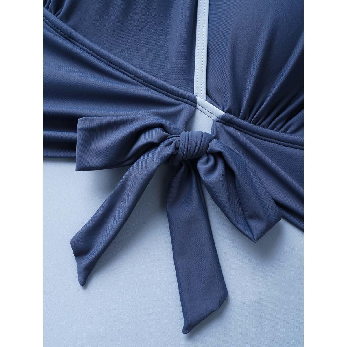 Plus Size Contrast V Neck Tie Knot Swim Dress Women's Swimwear Indigo Beach Bodycon V-neck High stretch Curve Swim Dresses BloomChic 10/M Product Image