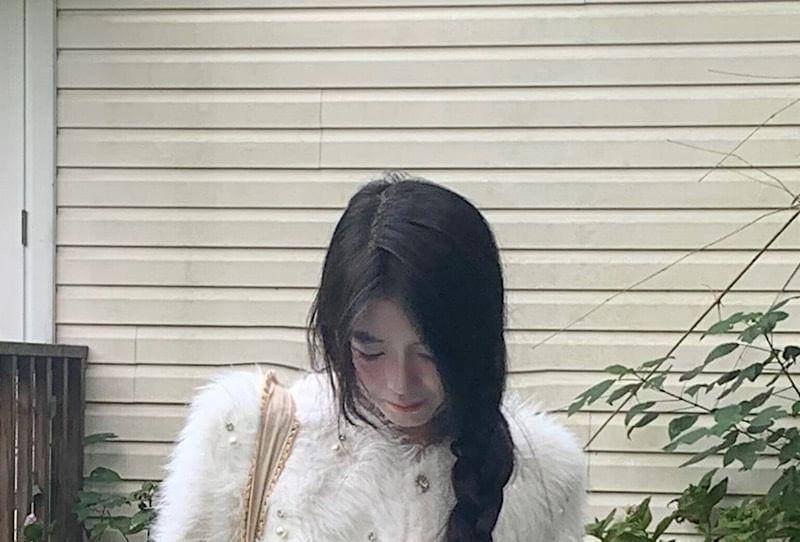 V-Neck Furry Beaded Crop Cardigan Product Image