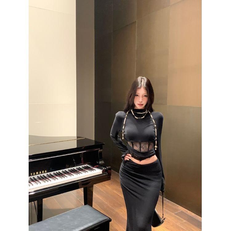 Long-Sleeve Lace Panel Crop Top / Mini Skirt Product Image