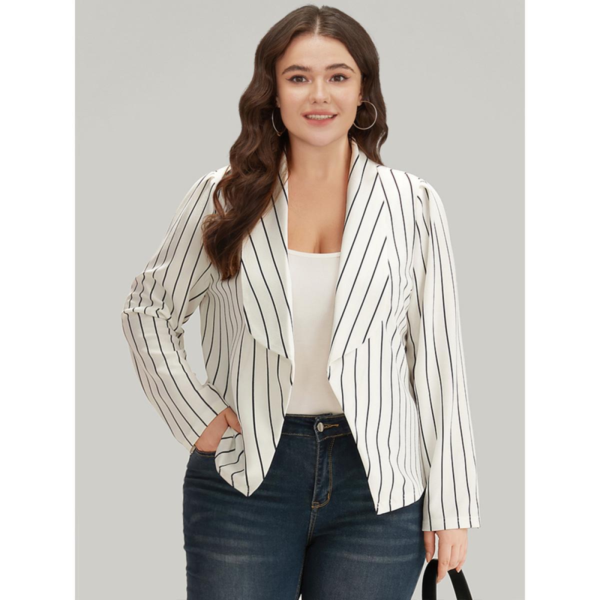 Plus Size Striped Lapel Collar Open Front Blazer White Women Work Striped Asymmetrical Sleeve Long Sleeve Lapel Collar 26/4X At the Office Blazers BloomChic Product Image