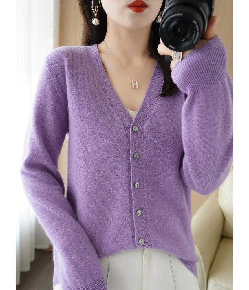 V-Neck Button-Up Plain Cardigan Product Image