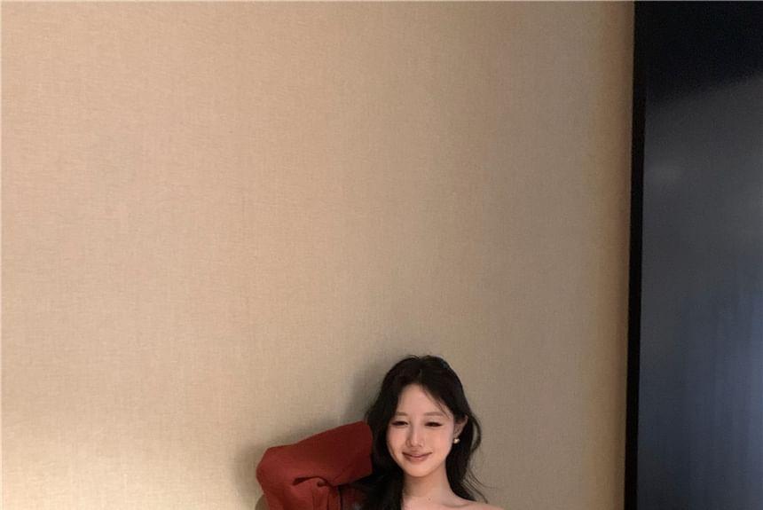 Set: Strapless Plain Slit Midi Sheath Knit Dress + Open Front Cardigan Product Image