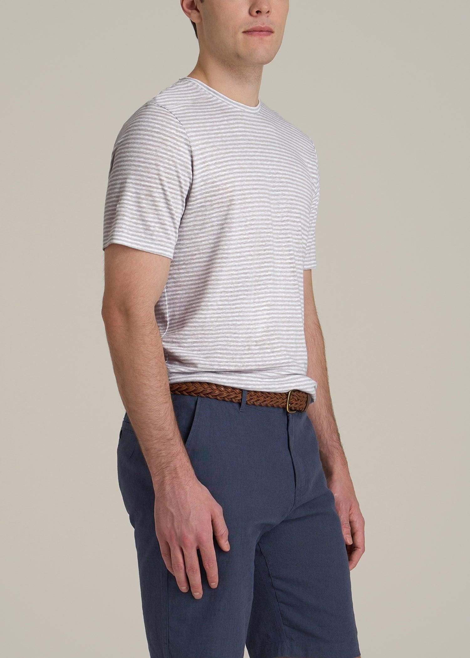 Linen Crewneck T-Shirt for Tall Men in Grey and White Mini Stripe Product Image