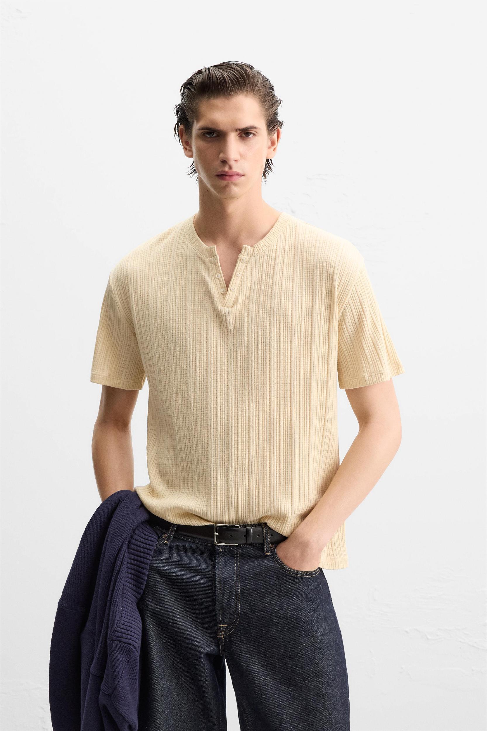 PLEATED BUTTON NECKLINE T-SHIRT Product Image