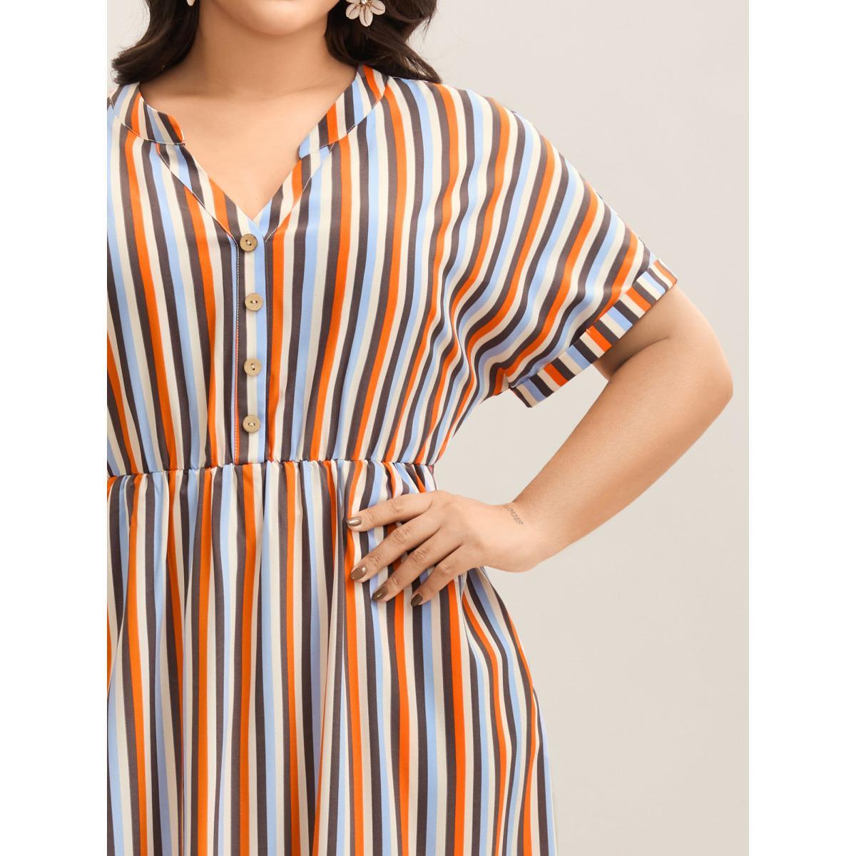 Plus Size Stripes Notched Collar Pockets Midi Dress Multicolor Women Round Neck Cap Sleeve Curvy BloomChic 30/6X Product Image