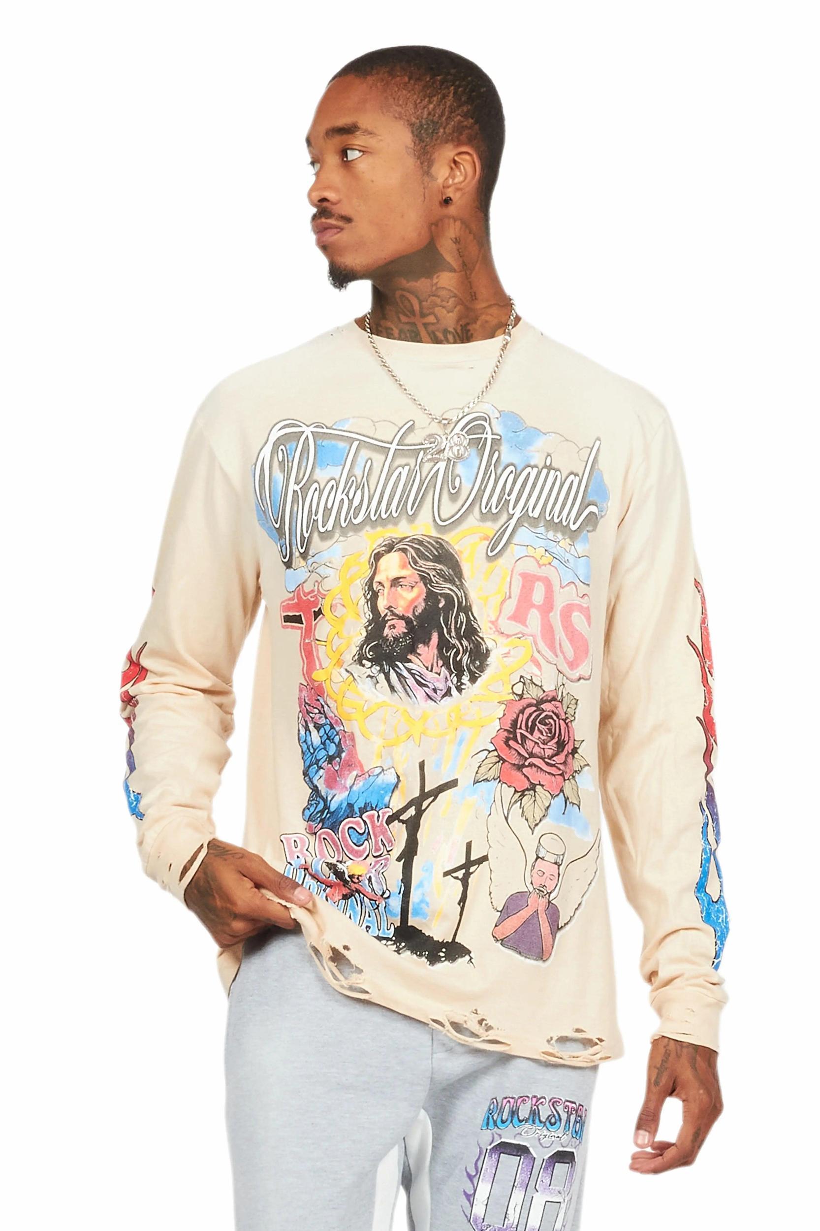 Tadashi Beige Long Sleeve Graphic T-Shirt Male Product Image