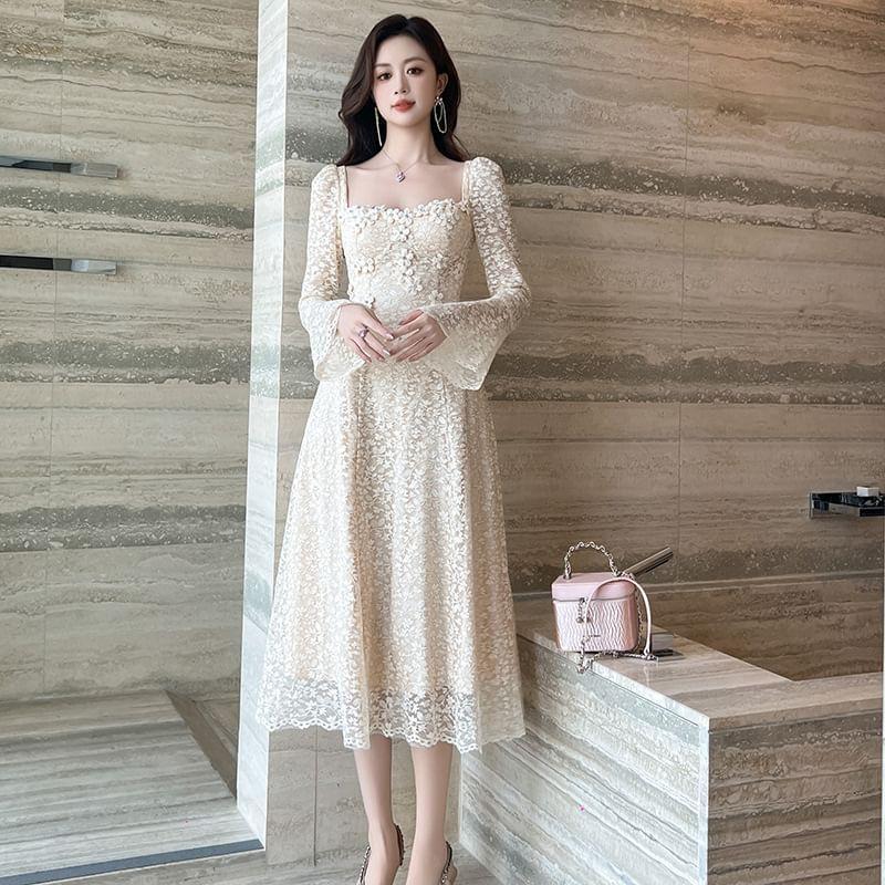 Long-Sleeve Floral Lace Midi A-Line Dress Product Image