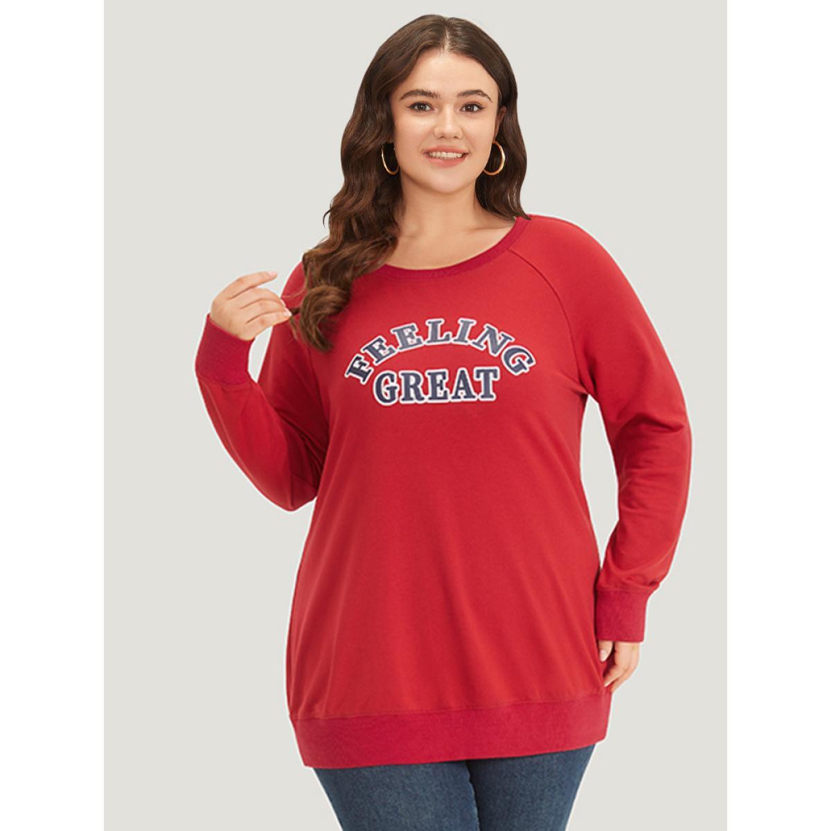 Plus Size Letter Print Round Neck Raglan Sleeve Sweatshirt Women Red Casual Elastic cuffs Everyday Sweatshirts BloomChic 26/4X Product Image