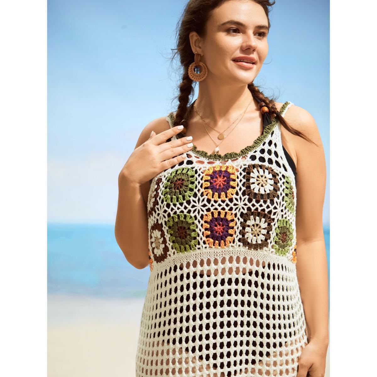 Plus Size Crochet Floral Texture Cut Out Swim Cover Up Women's Swimwear Beige Beach Crochet Curve Swim Cover Ups BloomChic 26/4X Product Image