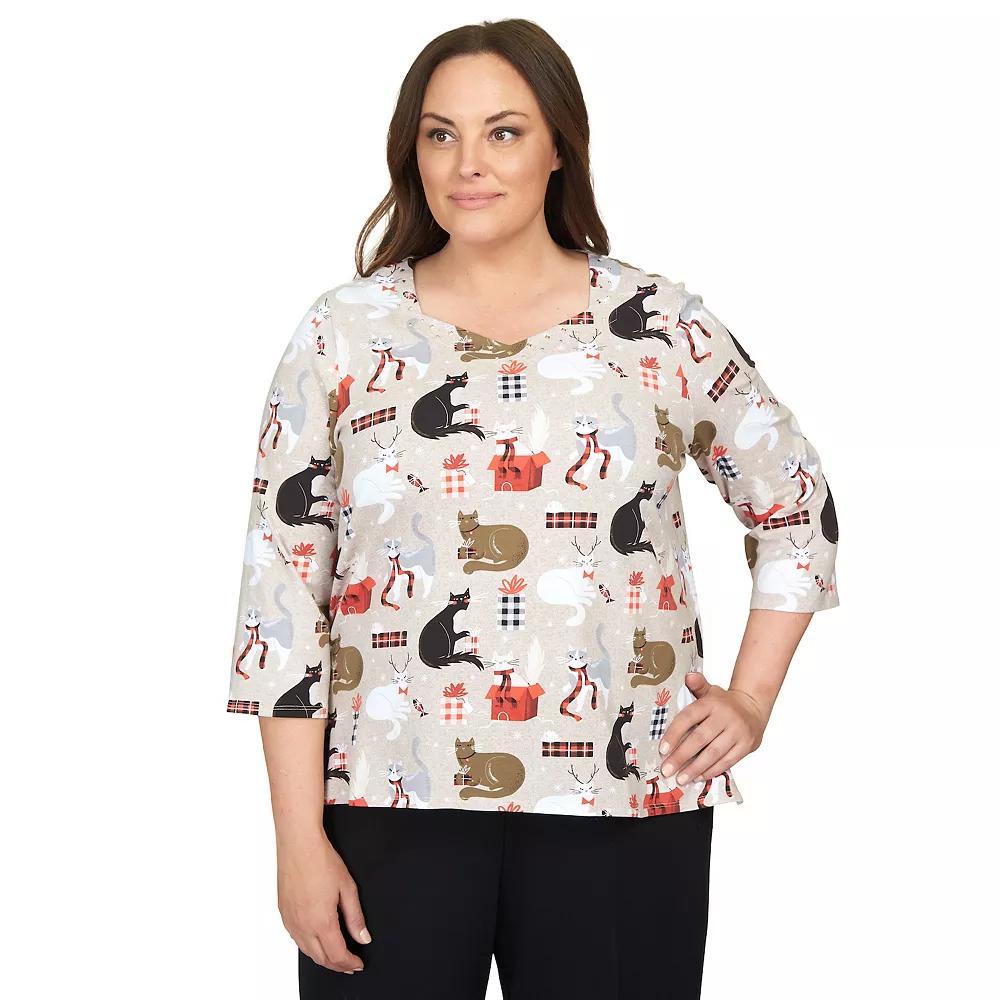 Plus Size Alfred Dunner Classic Cats & Presents Top, Women's, Size: 3XL, Dark Oatmeal Product Image