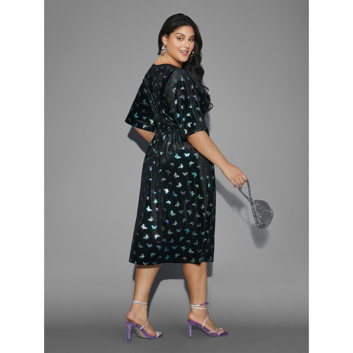 Plus Size Butterfly Glitter Flutter Sleeve Midi Dress BlackFlower Women Cocktail Texture Party Curvy Bloomchic 18-20/2X Product Image