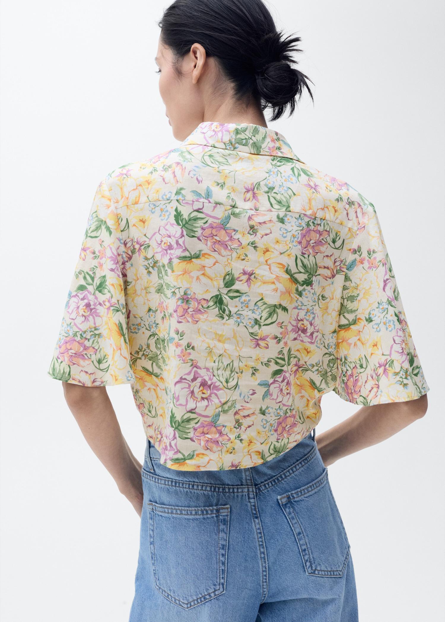 Floral linen shirt with knot detail - Women | MANGO USA Product Image