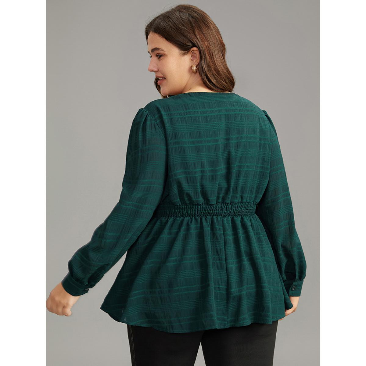 Plus Size DarkGreen Plaid Wrap Ruched Lantern Sleeve Blouse Women Office Long Sleeve V-neck Work Blouses BloomChic 10/M Product Image