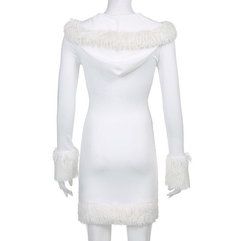 Long-Sleeve Fluffy Trim Hooded Mini Bodycon Dress Product Image