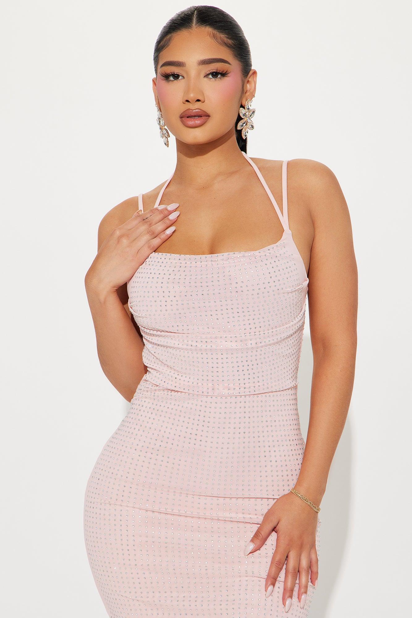 Vanessa Rhinestone Mesh Dress - Blush Product Image